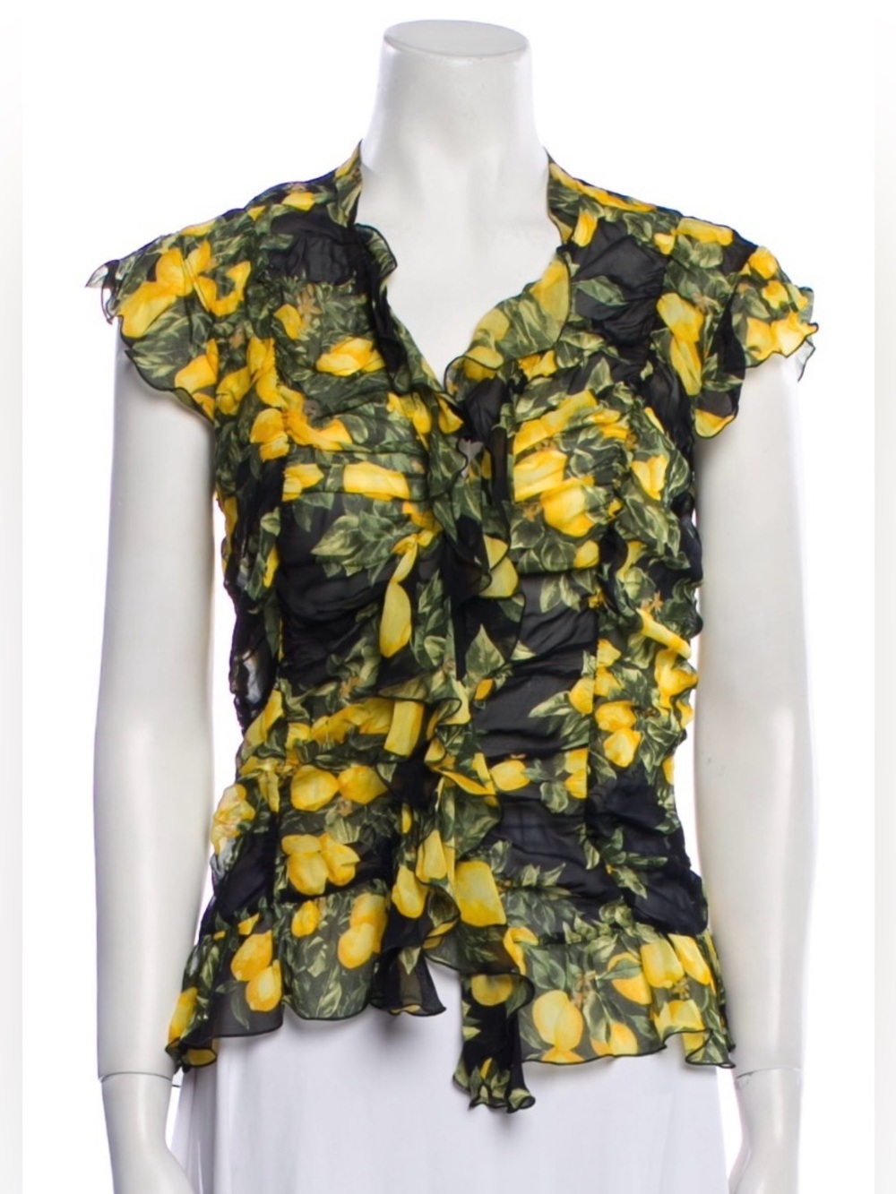 Vintage Escada Collection Silk Chiffon Lemon Print Ruffle Blouse Y2K